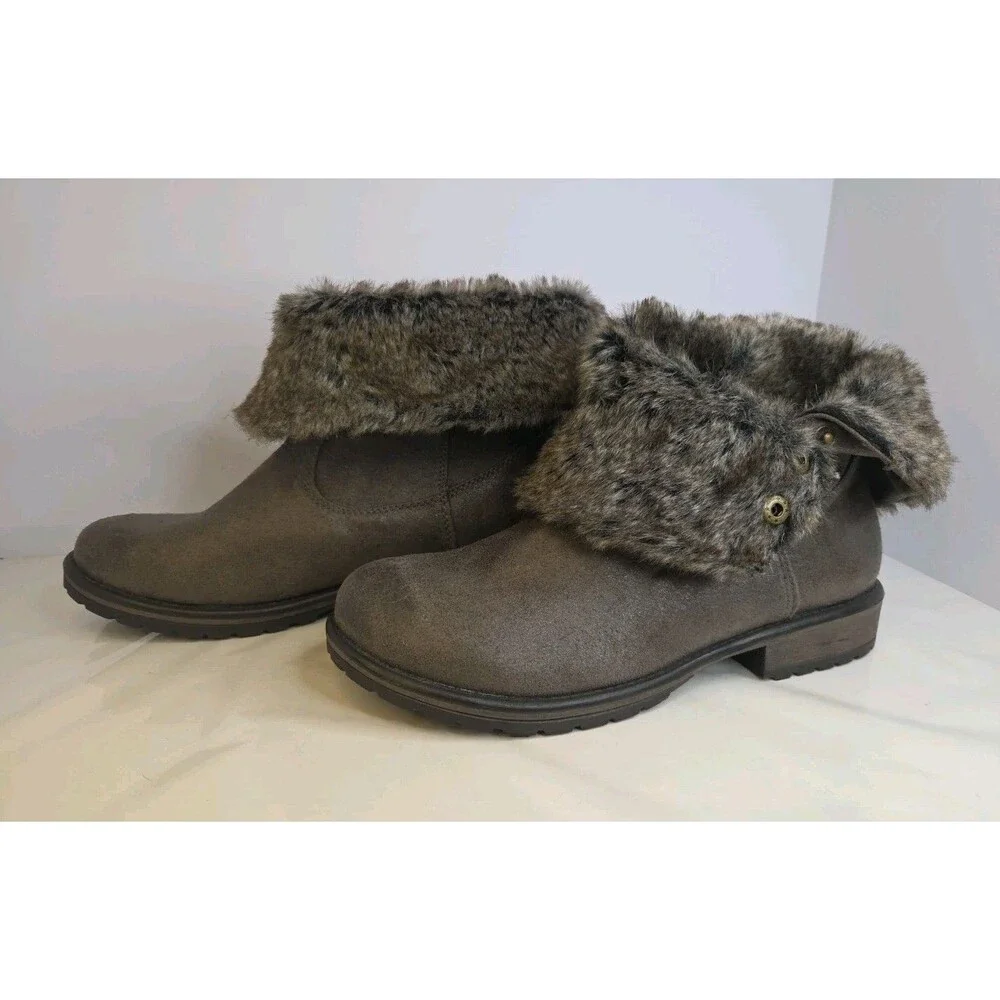 Candie's Cahoot Gray Boots Brown Faux Rabbit Fur Lined Fold Down Cuff Snaps 9.5